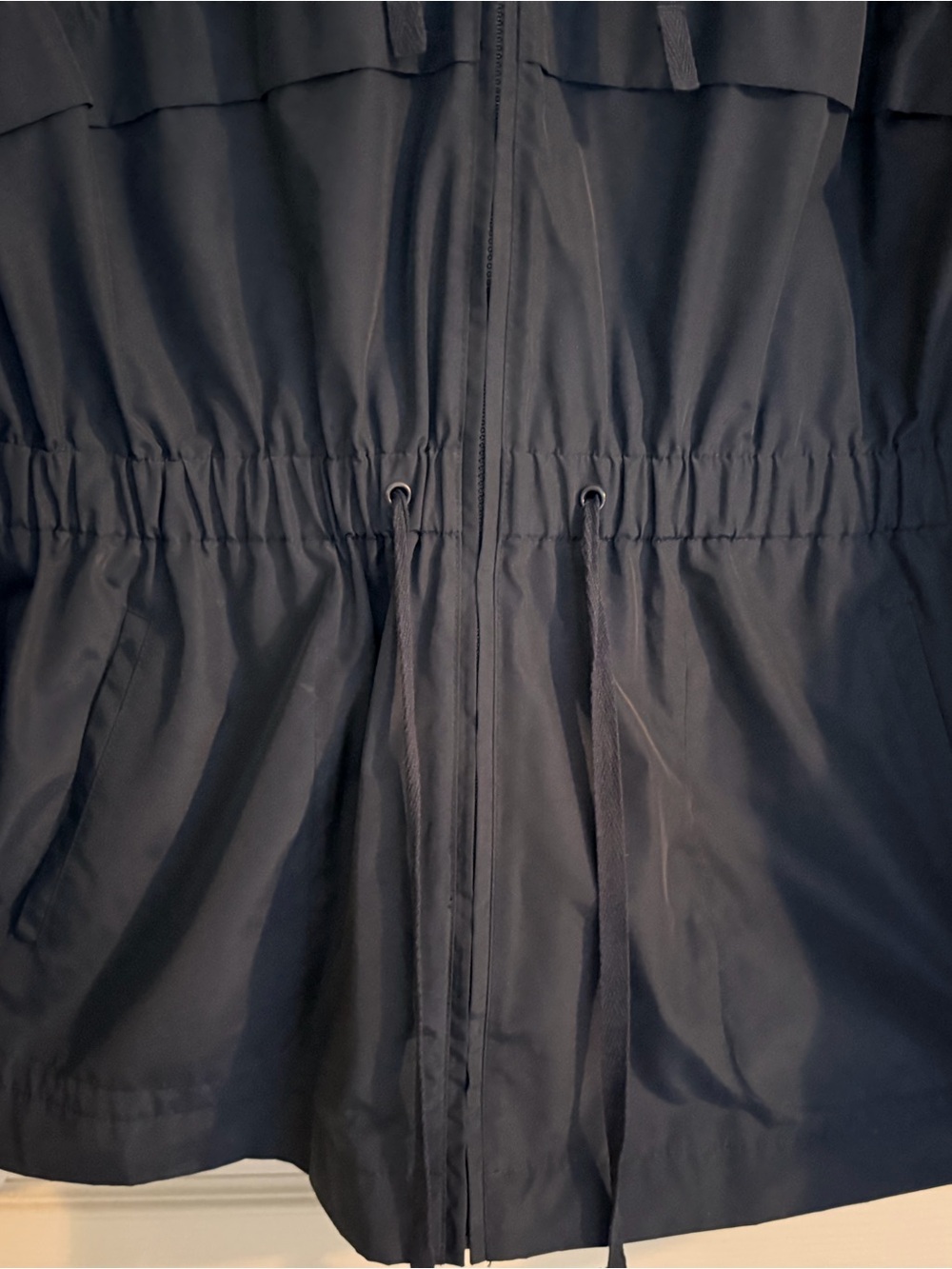 Women’s Navy Hooded Long Wind/Rain Jacket with Drawstring Waist - Picture 3 of 4